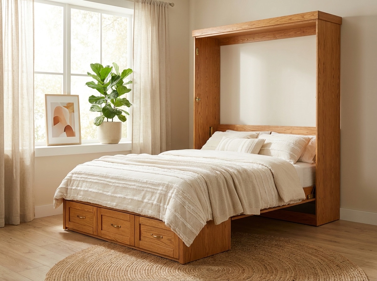 Bright guest room with a queen cabinet Murphy bed and storage drawers