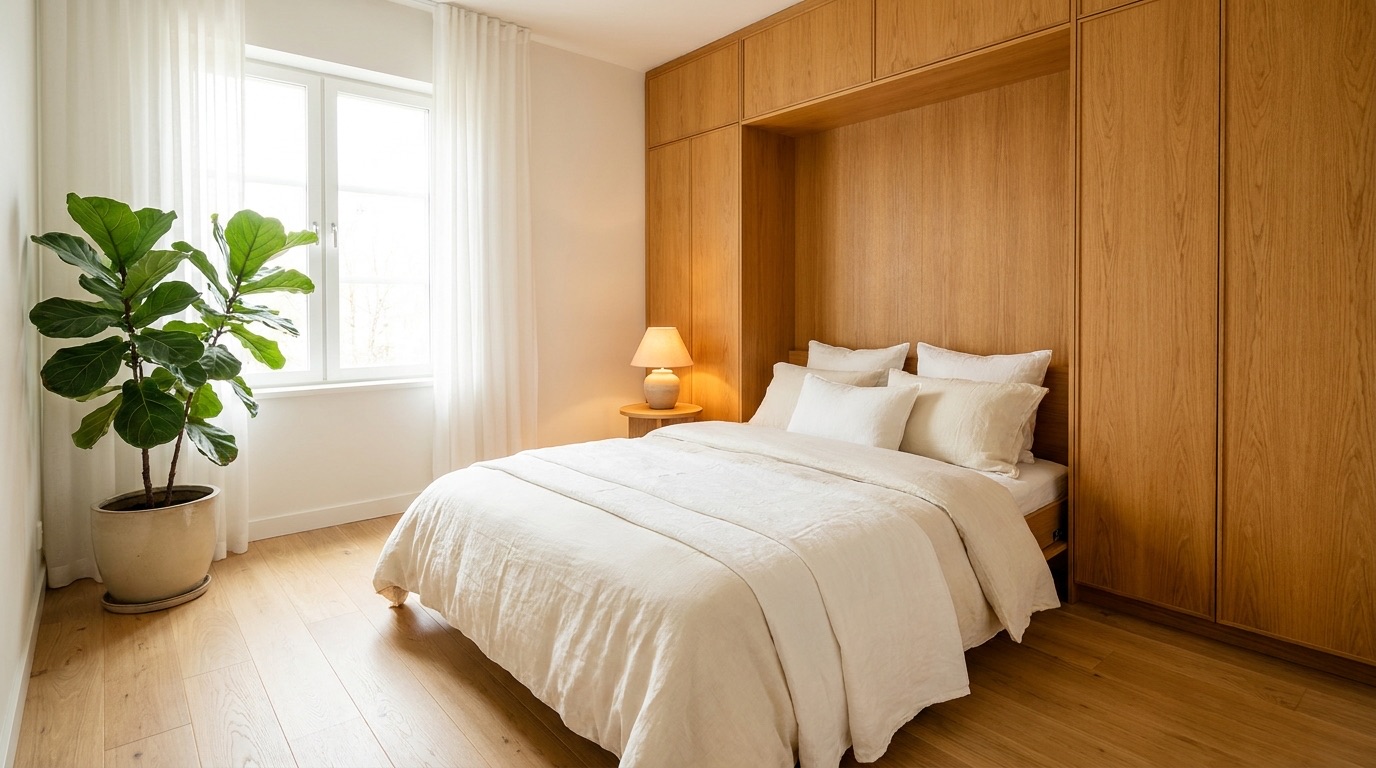 Bright modern guest bedroom with a queen Murphy wall bed folded down, wood cabinetry and warm daylight