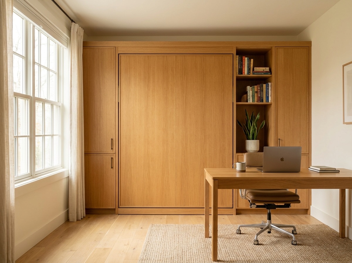 Bright home office with a wall bed folded up behind a desk