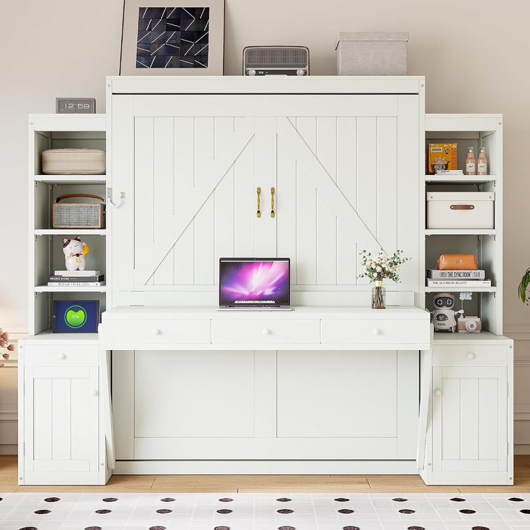 Merax queen Murphy wall bed with an integrated desk and shelves