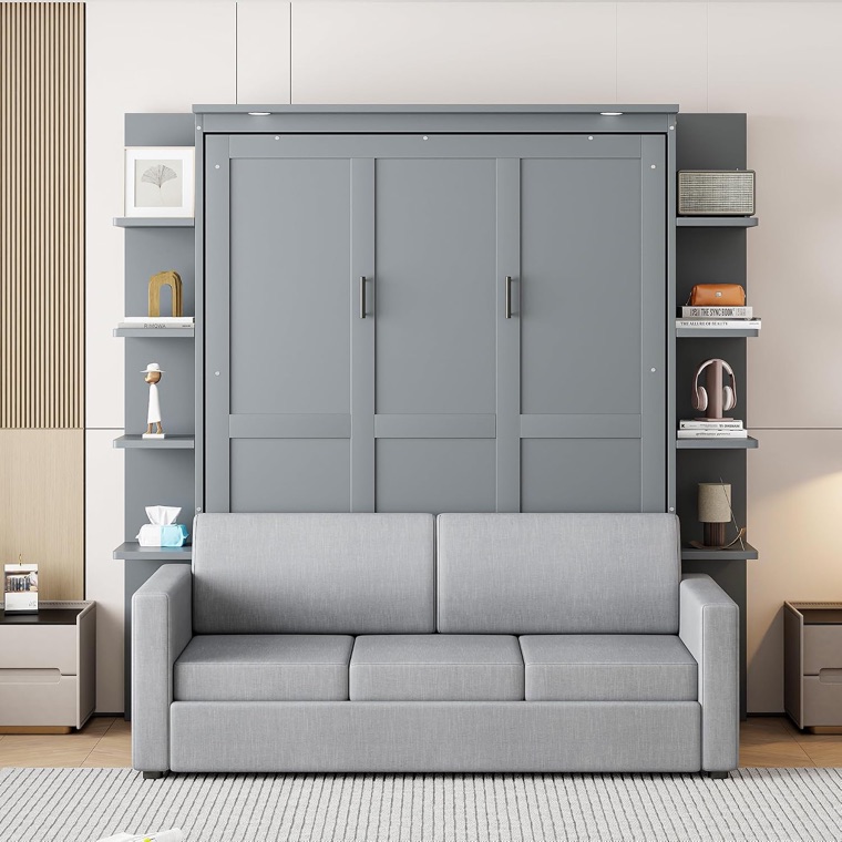 Merax queen Murphy wall bed with a sofa and display shelves