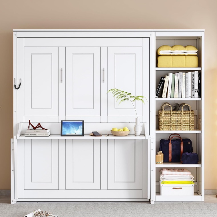 MERITLINE queen Murphy wall bed with a desk and storage shelves