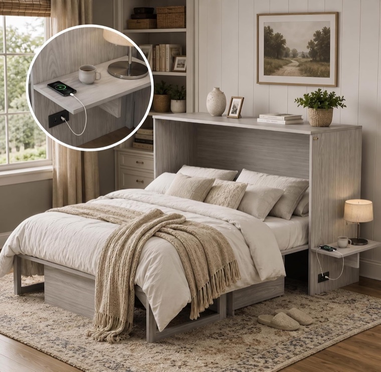 Softa queen Murphy cabinet bed with a fold-down desk over the closed cabinet